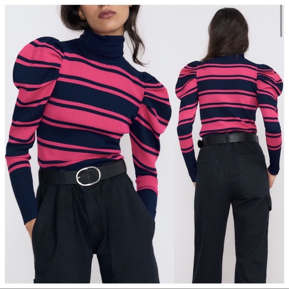 Zara Striped Puff Sleeve turtleneck